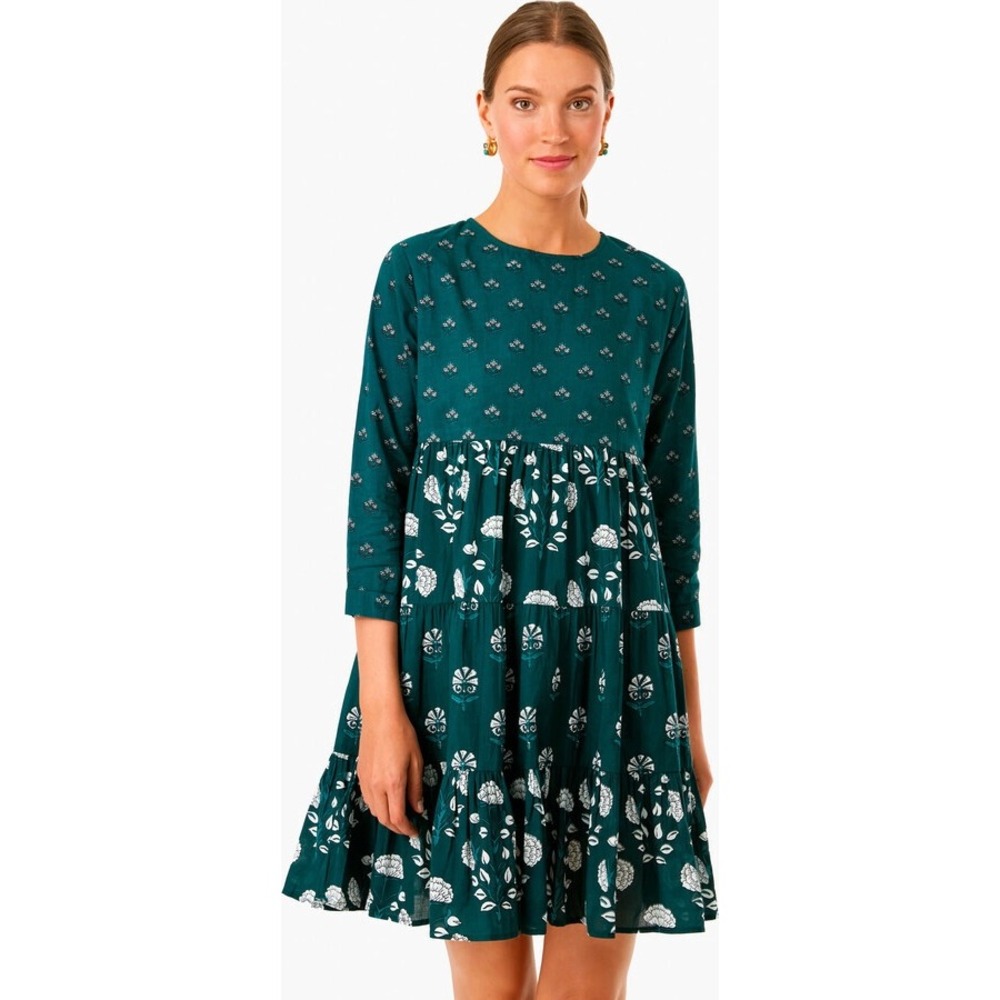Ros Garden Tuckernuck‎ Renee Mini Dress Small Green Floral Block Print Tiered